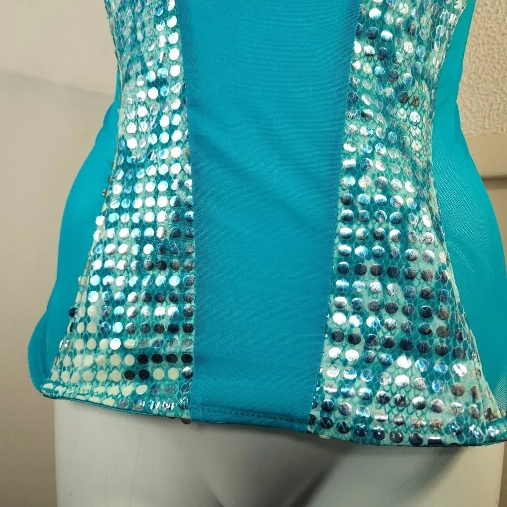 Vintage Bustier Corset Lingerie L Teal Blue Silver Sequin Underwired Pink Ribbon - Picture 3 of 8